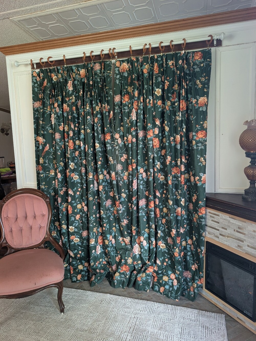 Custom Vtg Drapes Pinch Pleat Lined Cotton Blend Floral Bird 72x84 USA